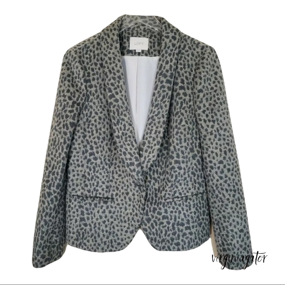 Ann Taylor Loft Gray Leopard Print Wool Blend Lined Fitted Button Blazer Jacket - Picture 1 of 10